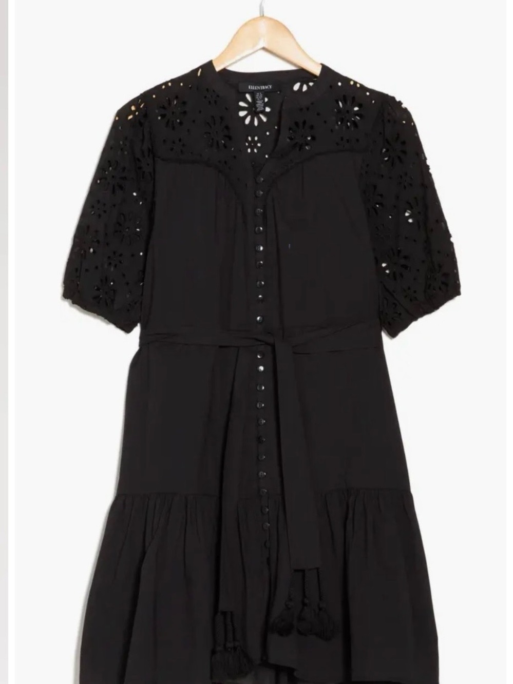 Ellen Tracy Black Eyelet Button-V Front Puffed Sleeve Boho Whimsigoth Dress Sz M - Picture 3 of 15
